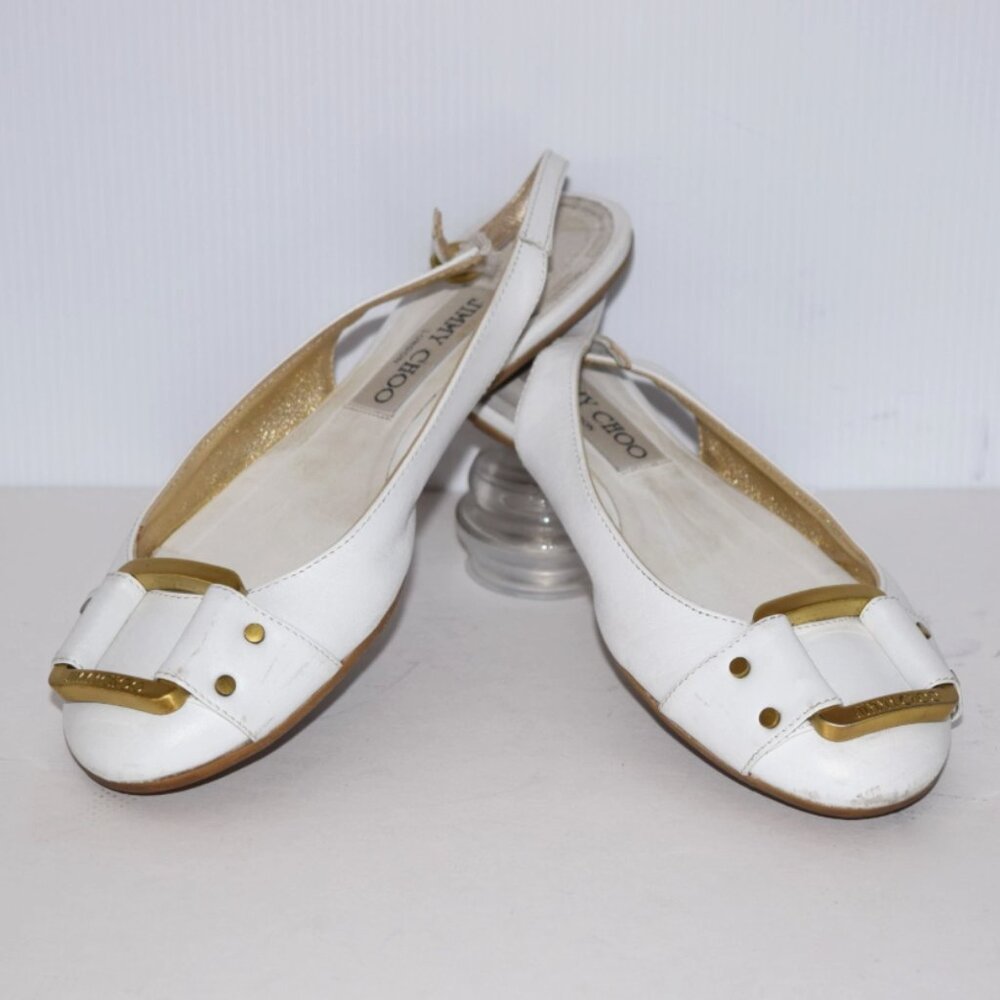 JIMMY CHOO White Leather Gold Buckle Slingback Flats Size EU 36/US 6